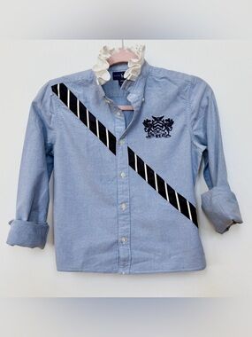 Ralph Lauren Light Blue Oxford Button-Down Shirt with Navy Crest and Stripe